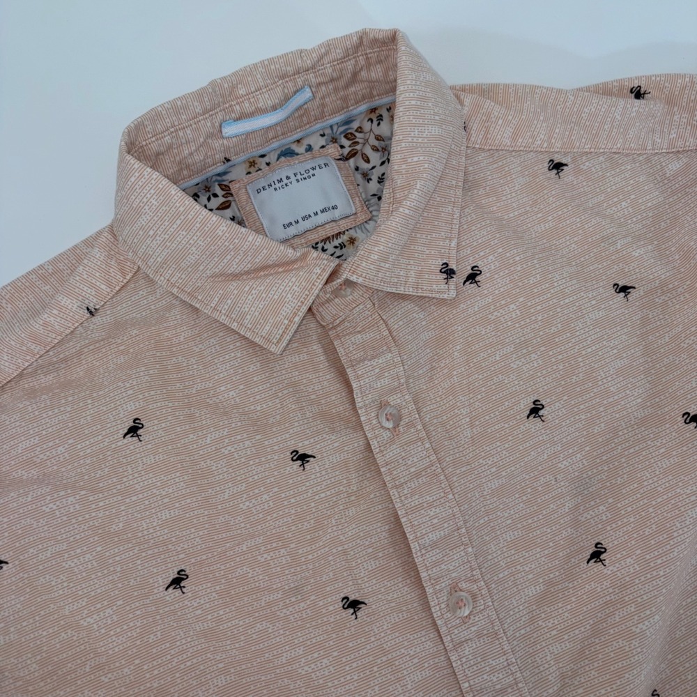 Denim & Flower Ricky Singh Mens Medium Peach Flamingo Print Cotton Button Down